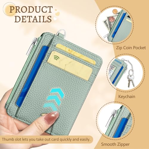 Kelvoris Credit Card Holder Small Wallet Women, Slim RFID, Green | Keychain, Zipper Coin Pocket, Front Pocket Thin Travel Card Case, Minimalist, 6 Card Slots, 1 ID Window, Ladies Gifts Woman - color: Solid Green