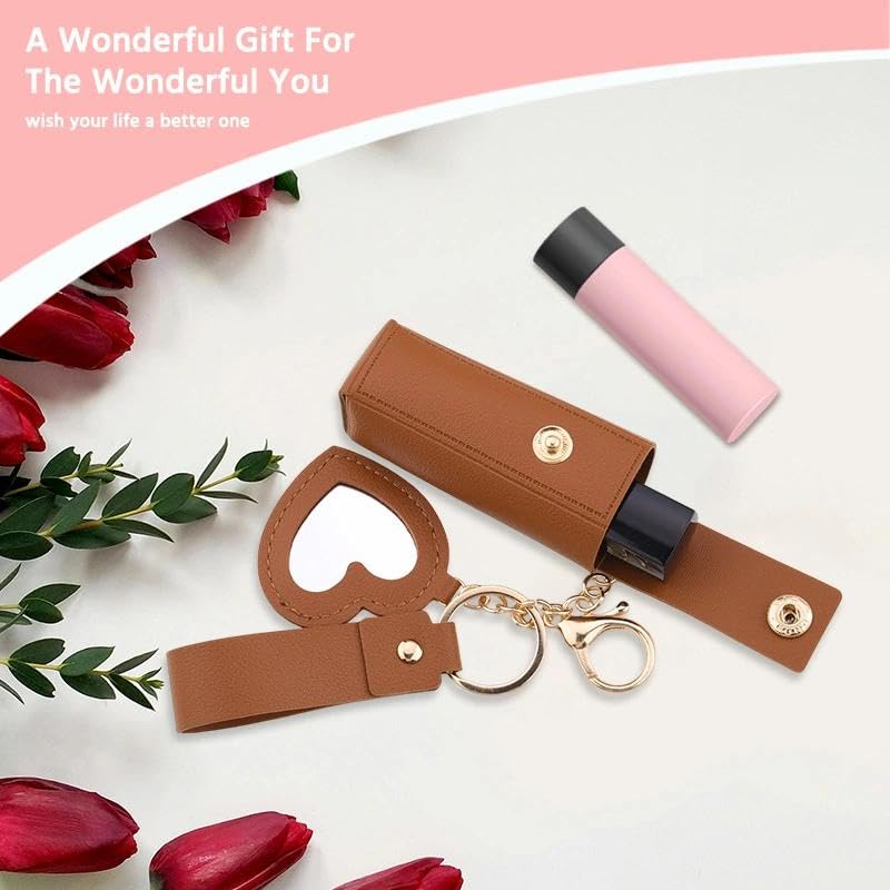 Sisadodo Lip Oil Lipstick Case with Mirror Lip Oil Lipstick Holder Key Chain for Car Keys Keychains Lipstick Organizer Case - color: Brown-