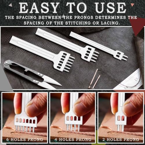 JONMON Prong Punch Tool Set - 5mm Leather Row Round Hole Tooth Punch Tool, 2/4/6 Prong Tooth Circular Cut Lacing Stitching Chisel DIY Leathercraft Punching Accessories Kits for Leather Craft Supplies