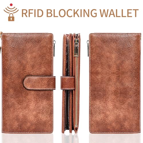 XINNSTAR Womens Wallet RFID Blocking Large Capacity Credit Card Holder Long Purses for Women with Wristlet Pocket ID Window - color: Brown