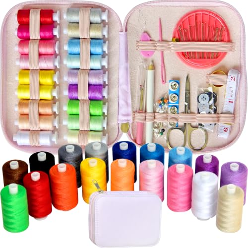 Sewing Kit with Case Portable Sewing Supplies for Home Traveler, Adults, Beginner, Emergency, Contains 18 Sewing Thread, Scissors, Needles, Measure etc (Pink) - color: Pink, size: 1 Pack