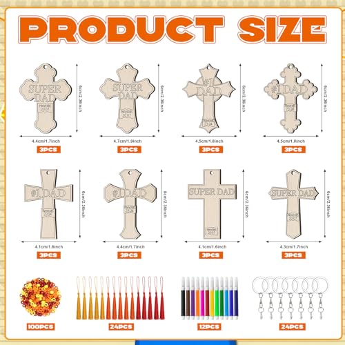 Cinrobiye 24 Set Religious Father’s Day Craft Kits, DIY Wooden Keychain Making Set with Paint Pens, Beads & Tassels, Bulk Christian Craft Activity Kit for Sunday School, Church VBS & Party Favors - style: Dad 2