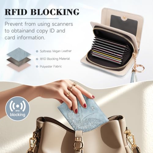 KITEVIUN Women RFID Blocking Small Bifold Wallet, Compact Cash Clutch with Zipper Coin Pocket, Glittery Butterfly Design, Credit Card Holder, Travel Purse with Tassel BLUE - color: 02-BLUE