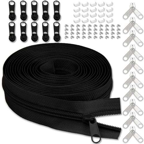 #3 Nylon Zipper Tape for Sewing: YZSFIRM 10 Yards Black by The Yard Nylon Coil Zippers for DIY Sewing Craft with 10 Bulk Metal Zipper Slider and 10 Double Slider - color: 01 Black, size: #3 Zipper