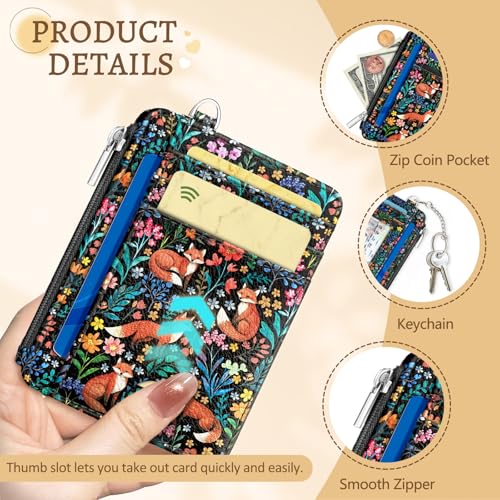Kelvoris Credit Card Holder Small Wallet Women, Slim RFID, Fox Flowers | Keychain, Zipper Coin Pocket, Front Pocket Thin Travel Card Case, Minimalist, 6 Card Slots, 1 ID Window, Ladies Gifts Woman - color: Fox
