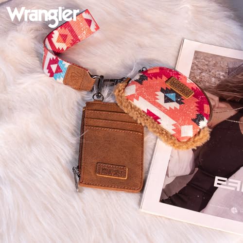 Wrangler Western Keychain Wristlet Wallets for Women Dual Pouch Wristlet Sherpa Coin Purse for Women Keychain Card Holder WG166-W0051BR - color: Multicolor