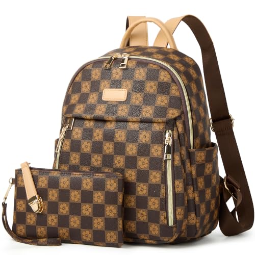 Makes Mini Backpack for Women, Small Casual Backpacks Daily Travel Bag 2pcs | Small Bookbag,Work Travel School PU Leather Shoulder Bag Mochilas Para Mujer Rucksack Gifts for Lady Girls Mother Wife - color: Checkered Coffee