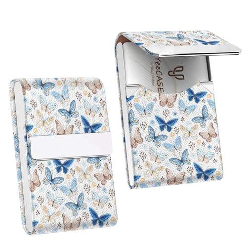 2Pack Leather Stainless Steel Business Card Holder, Metal Slim Business Card Case for Women or Men, Pocket Business Card Carrier with Prints, Magnetic Closure, RFID Blocking - color: Print-Butterfly