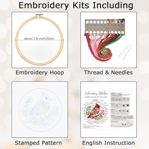 Louise Maelys Cardinal Embroidery Kit, Cross Stitch Kit for Beginne | Animal Embroidery Starter Kit With Stamped Fabric, Hoop, Threads, Needles And Instructions For Adults,Easy Needlepoint - color: birds