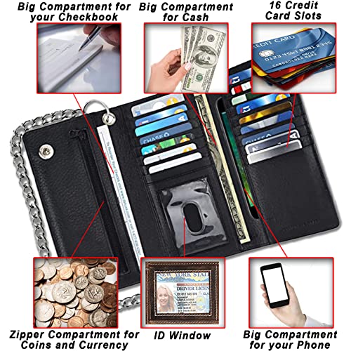 F&L CLASSIC RFID Blocking Mens Tri-fold Long Style Cowhide Leather Steel Chain Wallet,Black - color: Black
