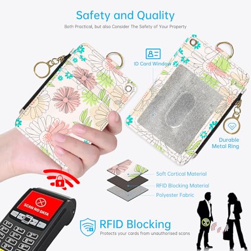 2-in-1 ID Badge Holder & Lanyard Wallet，Cute Zippered Pouch Flowers | for Teachers,Nurse,Professionals，Removable Wristlet & Neck Lanyard,5 Card Slots Stylish Work Essential - color: Flowers