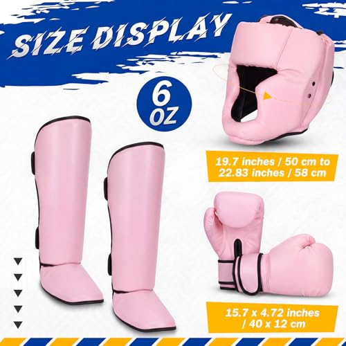 Arrowbash 5 Pcs Boxing Guards Set for Kids with Sparring Headgear, 6oz Boxing Gloves and Leg Shin Guards Wrestling Headgear for Youths Teens Boys Girls Kickboxing Karate Muay Thai BJJ Training - color: Pink
