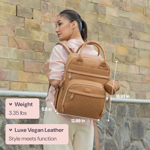 BabbleRoo Leather Diaper Bag Backpack - Baby Essentials Travel Baby Bag, Multi function, Water Resistant, with Changing Pad, Stroller Straps & Pacifier Case – Unisex, Light Brown - color: Vegan Leather Light Brown, size: Large