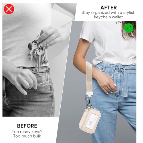 Keychain Wallet for Women with Clear ID Window, Coin Pouch and Wrist Strap | Quick-Access Design with Front Zip Pocket, 3 Card Slots, Inner Mesh Pocket and Lipstick Holder - color: Light Beige