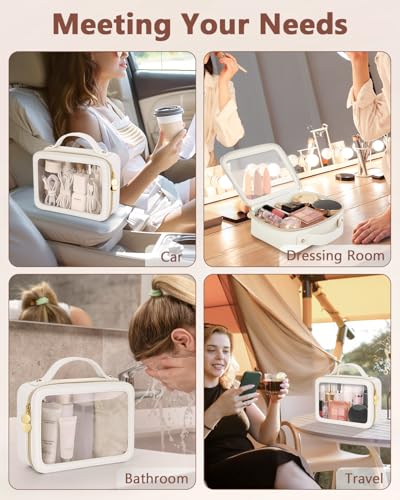 Soimeat Clear Makeup Bag, Portable Travel Cosmetic Bags, Multipurpose Leather Toiletry Bag with Zipper, Waterproof Transparent Cosmetic Organizer for Women, Medium, Beige - color: Beige, size: Medium
