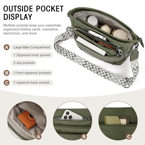 TANTOMI Crossbody Bag for Women PU Leather Travel Purse | Trendy Women's Shoulder Handbags, Comfort Adjustable Wide Strap, Water-Resistant, Multi Pockets for Daily Use & Travel - color: Dark Green