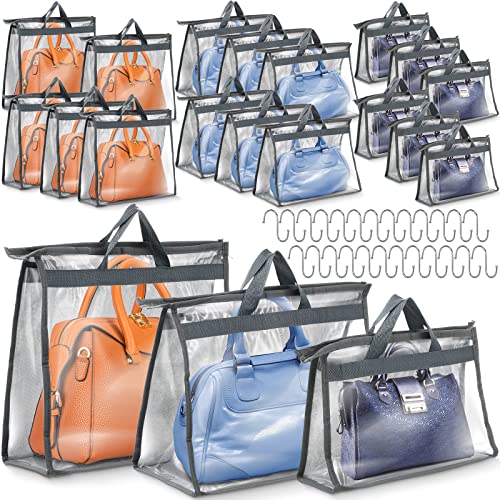 Chumia 20 Pack Dust Bags for Handbags Clear Handbag Storage Organizer, 3 Sizes Purse Storage Organizer for Closets Dust Cover Purse Protector Bag with Zipper and Handles with 25 Pcs S Hooks(Grey) - color: Grey