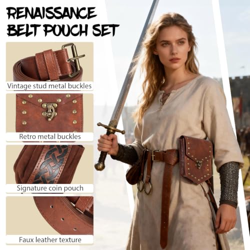 Renaissance Belt Pouch Medieval Pirate Costume Accessories Set for Cosplay | Viking Faux Leather Waist Bag, Skirt Hike Clips, Perfect for Women and Men Ren Faire, LARP, Fantasy, Halloween - color: Brown-B