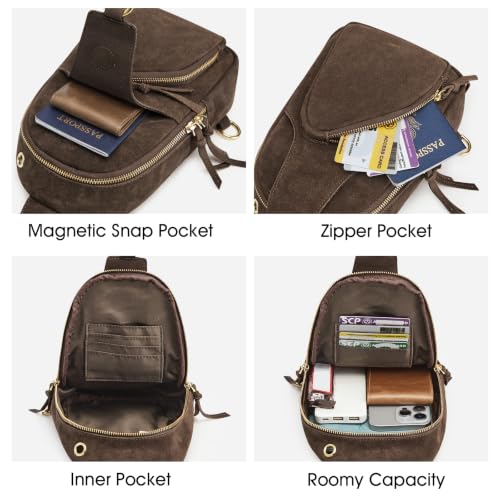 Kattee Sling Bag for Women, Genuine Suede Leather Crossbody Bags | Top grain pebbled cowhide leather fanny pack crossbody purse. Small chest bag with RFID blocking for travel. - color: Suede Chocolate