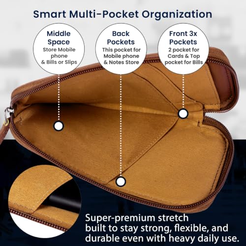 ALLEN & MATE Genuine Leather iPhone Pouch with Zip – Slim Mobile Phone Sleeve Cell Phone Pouch for iPhone 17 Pro Max, 16, 15, Google Pixel 10, Samsung Galaxy S25 & Android Smartphones Tan - color: Tan