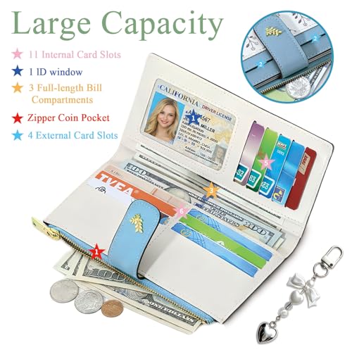 Women's Bifold Long Wallet, Slim & Thin RFID Blocking Floral Vegan Leather Card Holder with Bow Keychain (Blue) - color: Blue