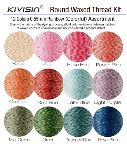 0.55mm Bonded Round Waxed Polyester Thread 76 Yards Each, 12 Rainbow Color Wax Coated String Thin Cord for Micro Macrame, Bracelets Braided, Leather Sewing, Stitching, Beading and Bookbinding - color: Rainbow Colors, size: 0.55mm Medium