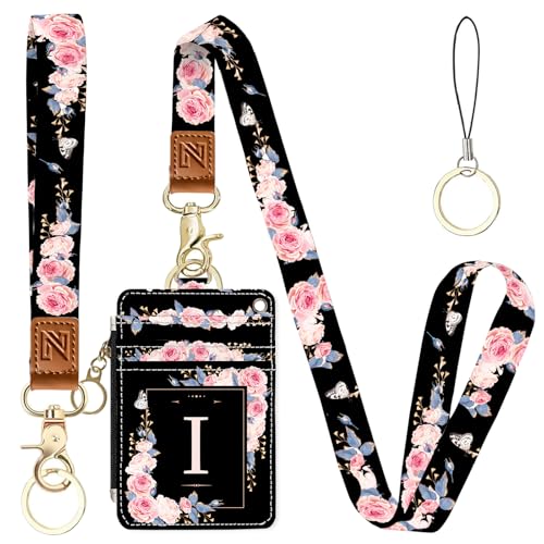A-Z Letter 2-in-1 ID Badge Holder & Lanyard Wallet for Teachers,Nurse,Professionals-Cute Zippered Coin Pouch,Removable Wristlet & Neck Lanyard,5 Card Slots Stylish Work Essential I - color: I
