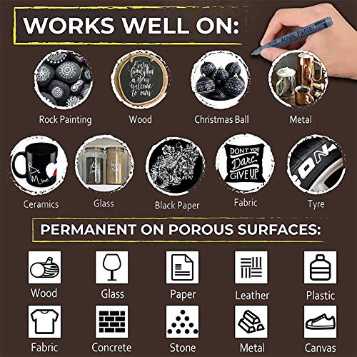 NAWOD Paint Pens White Black Acrylic Marker 6 Pack, Acrylic Permanent Marker, White Paint Pens for Rock Ceramic Wooden Leather Glass Painting Metal Tire, 0.7mm Extra Fine Point Quick Drying - color: Extra fine Tip
