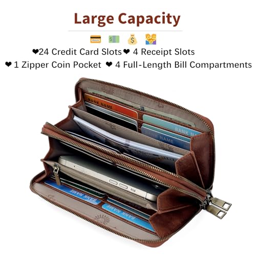 GOIACII Women's Wallet RFID Blocking Leather Wristlet | 2 Zip Around, Large Capacity, Credit Card Holder, Ladies Phone Clutch Purse - color: A17 Cow Print Brown