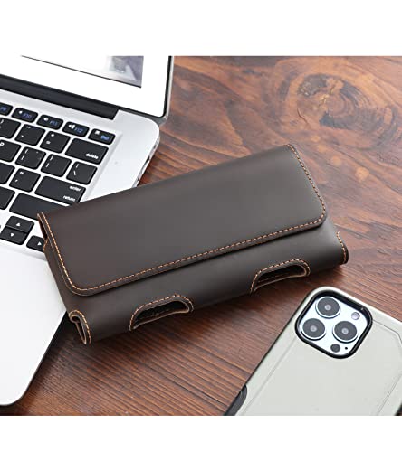 Gcepls Leather Phone Holster for iPhone 14, 14 Pro, 15 Pro, Flip Cell Phone Holster Case for Galaxy S23,S22, Horizontal Cowhide Leather Phone Belt Holder Pouch with Belt Clip (Fits Thick Case on) - color: Dark Brown, size: Medium (6.3x3.35x0.7”)
