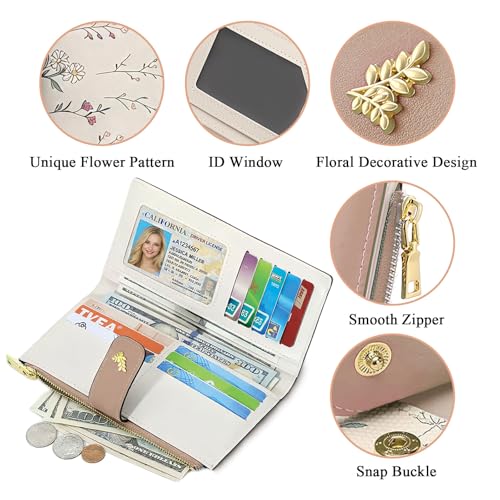 Women's Bifold Long Wallet, Slim & Thin RFID Blocking Floral Vegan Leather Card Holder with Bow Keychain (Brown) - color: Brown