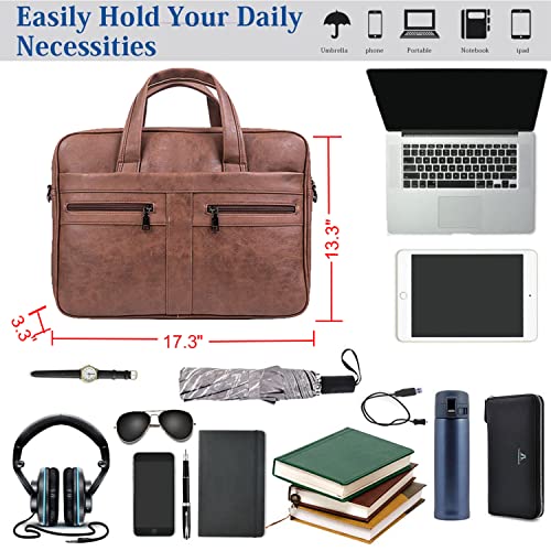 seyfocnia Men's Leather Messenger Bag, Laptop Briefcase Business Satchel Computer - size: 17.3inch, style: Brown
