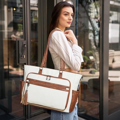 15.6 Inch Laptop Tote Bag for Women Large Leather Shoulder Bag Handbags Purses with Detachable Shoulder Strap - color: Beige With Brown