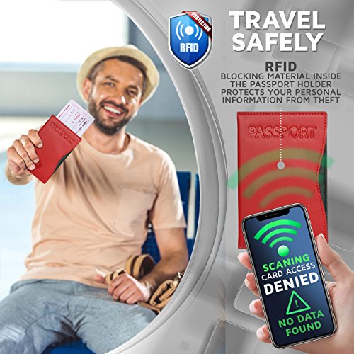 Alban RFID Passport Holder for Women & Men, Genuine Leather Passport Cover - color: Red