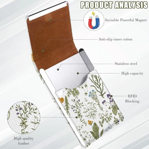 2Pack Leather Stainless Steel Business Card Holder, Metal Slim Business Card Case for Women or Men, Pocket Business Card Carrier with Prints, Magnetic Closure, RFID Blocking - color: Flower-Vintage
