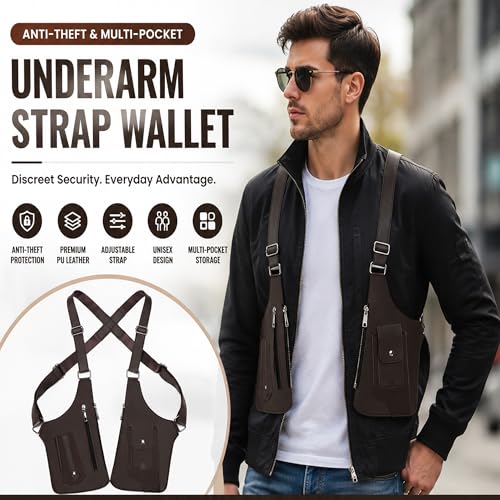 Leather Adjustable Underarm Shoulder Bag for Men,Men Anti-Theft Underarm Wallet Pocket Holster Phone Leisure Double Shoulder - color: Brown