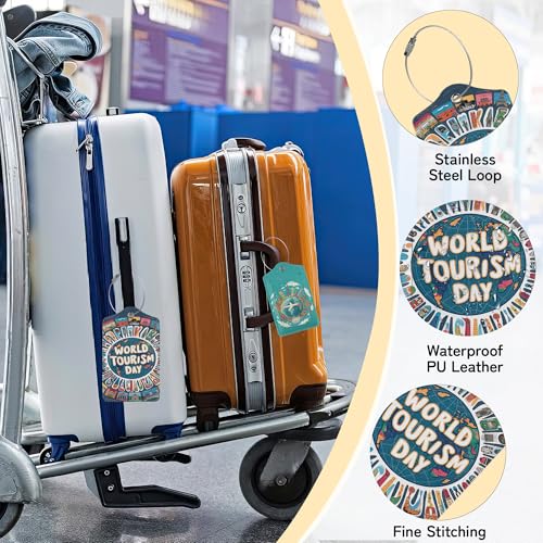 Travel Around The World Luggage Tags for Suitcase,3 Pack Go Travel Flight Views Luggage Tag Leather Privacy Cover ID Label with Stainless Steel Loop for Women Men - color: Travel Around the World