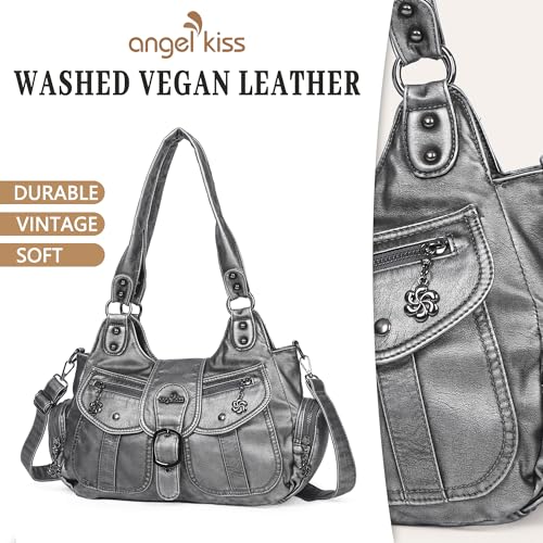 Angel Kiss Hobo Bags for Women Vegan Leather Shoulder Purses and Handbags Ladies Roomy Tote Bags Purse with Crossbody Strap - color: Silver Grey