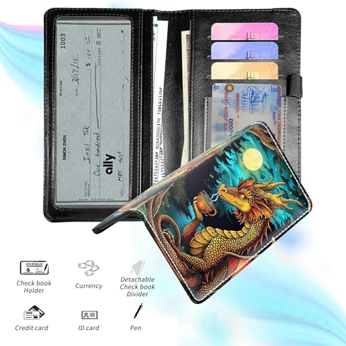 Check Book Cover for Personal Checkbook, Leather Business Checkbooks Plastic Insert Flap Card Holder Pen Hoop Holder with RFID Blocking Slim Wallet for Duplicate Checks Women Men, Baby Dragon - color: Baby Dragon