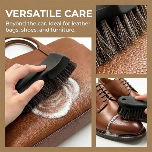 Craedli Leather Cleaning Brush for Car, Non-Scratch Long-Bristle Horse Hair Brush, Automotive Interior Detailing Tool for Vehicle Seat, Carpet, Shoes, Furniture, and Upholstery (Black) - color: Black