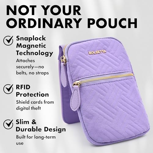 Magnetic Hip Pouch - RFID Blocking Pouch and Key Fob Protector - Zippered Pocket, Magnetic Snaplock Attachment - Lightweight Travel Wallet, Hip Bag for Concerts and Errands - Lavender Quilt - color: Lavender