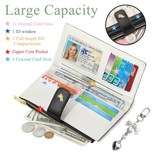 Women's Bifold Long Wallet, Slim & Thin RFID Blocking Floral Vegan Leather Card Holder with Bow Keychain (Black) - color: Black