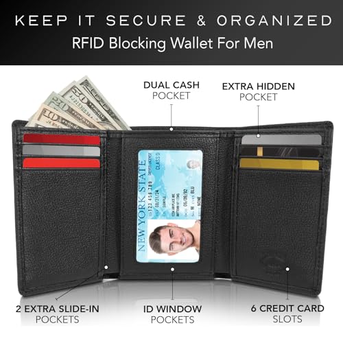 Stealth Mode Trifold Leather Wallet for Men with RFID Blocking | Black Pebble Top Grain Napa Leather, 9 Card Slots, ID Window, Gift Box – Gift for Dad, Husband, or Son - color: Black Pebble