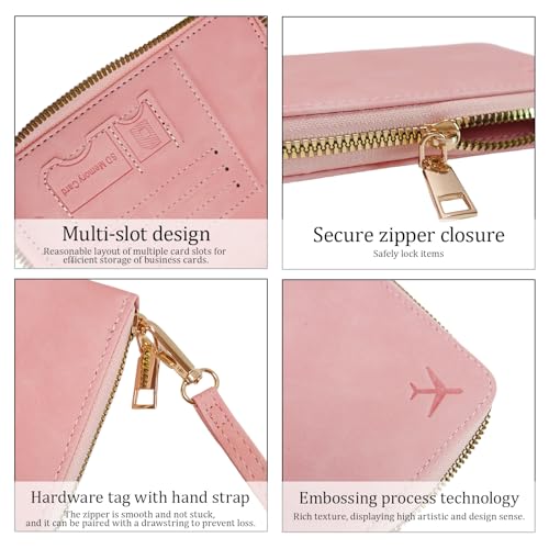 Passport Holder for Travel Wallet,RFID Detachable Wrist Strap Wallet | Leather Travel Card Sleeve for Men Women - color: Pink