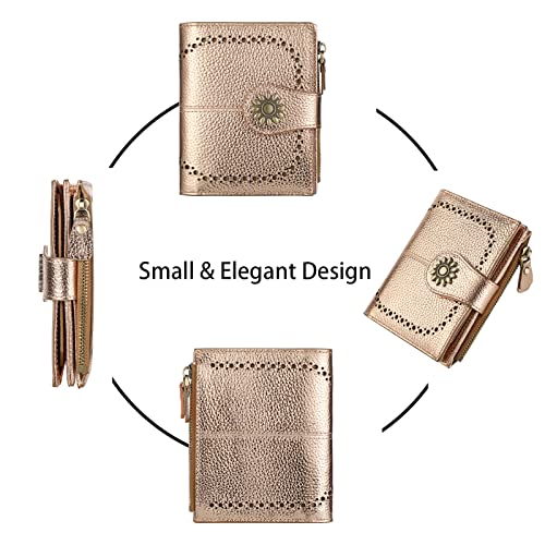 Womens Leather Wallet Small Compact RFID Blocking Credit Card Case Purse with Zipper Pocket | Small - color: Pebbled Champion Gold