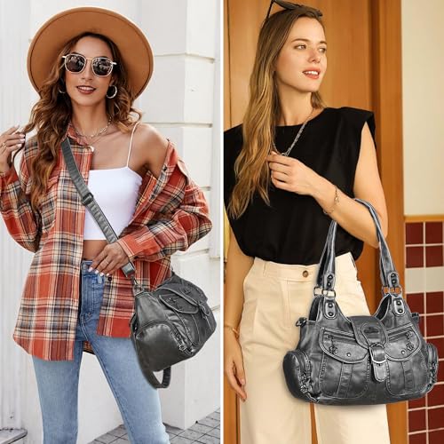 Angel Kiss Hobo Bags for Women Vegan Leather Shoulder Purses and Handbags Ladies Roomy Tote Bags Purse with Crossbody Strap - color: Silver Grey