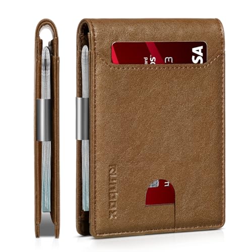 RUNBOX Slim Wallet for Men - RFID Blocking Leather Bifold with Money Clip | Minimalist Front Pocket Wallet Holds 11 Cards,Slim Thin Design,RFID Blocking Protection, Practical Birthday Gifts for Men - color: Vintage Brown