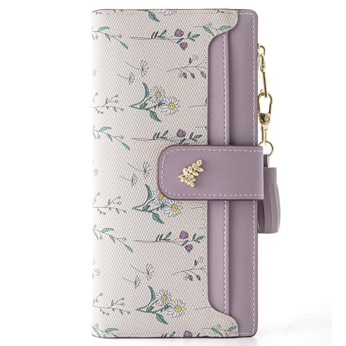 Womens Slim Bifold Wallet RFID Blocking PU Leather Floral(Purple) | Zipper Pocket, Card Holder, Tassel Accent, Long Ladies Style, RFID Blocking - color: Purple