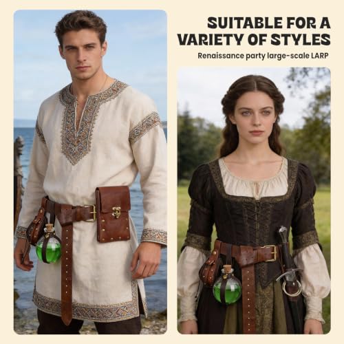 Renaissance Belt Pouch Medieval Pirate Costume Accessories Set for Cosplay | Viking Faux Leather Waist Bag, Skirt Hike Clips, Perfect for Women and Men Ren Faire, LARP, Fantasy, Halloween - color: Brown-V