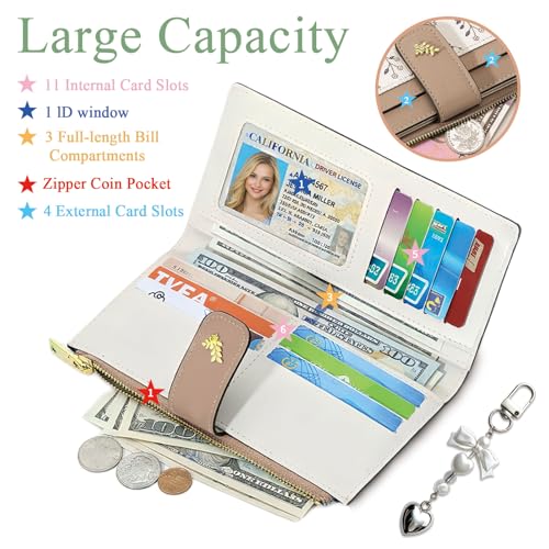 Women's Bifold Long Wallet, Slim & Thin RFID Blocking Floral Vegan Leather Card Holder with Bow Keychain (Brown) - color: Brown